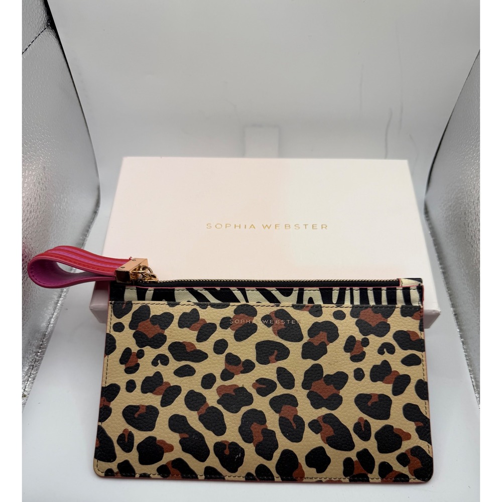 Sophia Webster Leopard Zebra Print Leather Pouch‎ Wristlet Clutch Bag Tan Pink